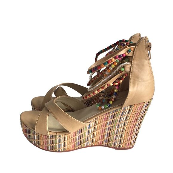 🆕Getmorebeauty Tan Ankle Beaded Strap Detailing Platform Wedge Sandals - Picture 3 of 9